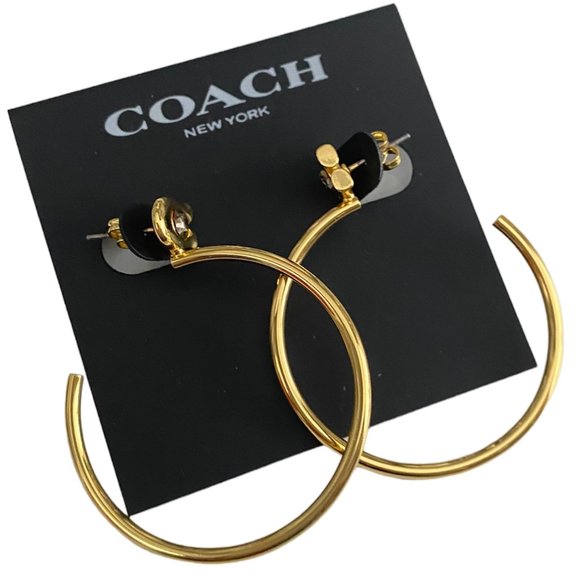 AUTH NEW Coach Gold Signature 1.5" Hoop Earrings with Crystal on Card w/Dust Bag - Picture 1 of 8